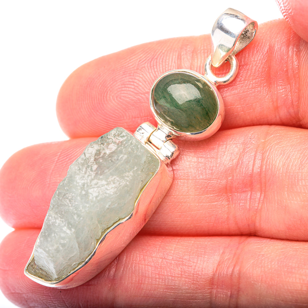 Raw Aquamarine, Green Aventurine Pendant 2 1/8" (925 Sterling Silver) PD38546