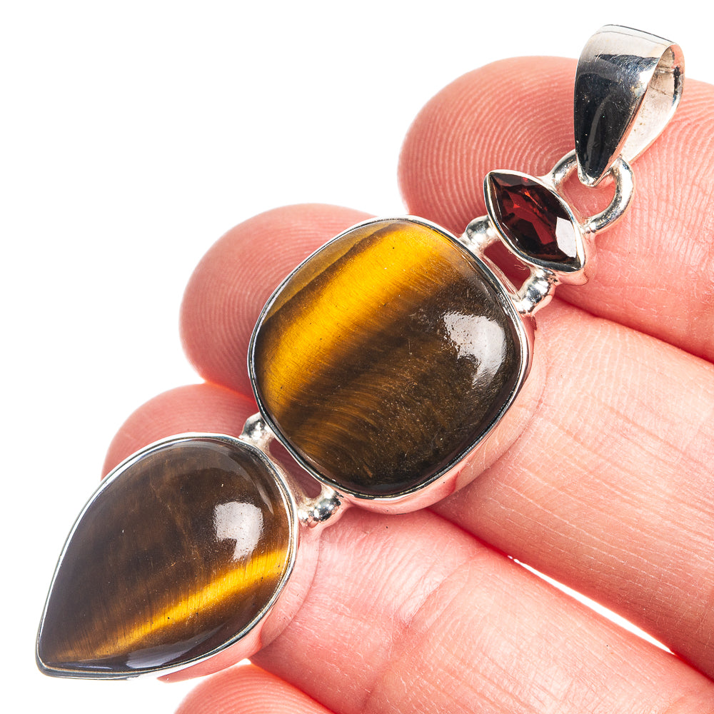 Tiger Eye, Garnet 925 Sterling Silver Pendant 2 1/8"