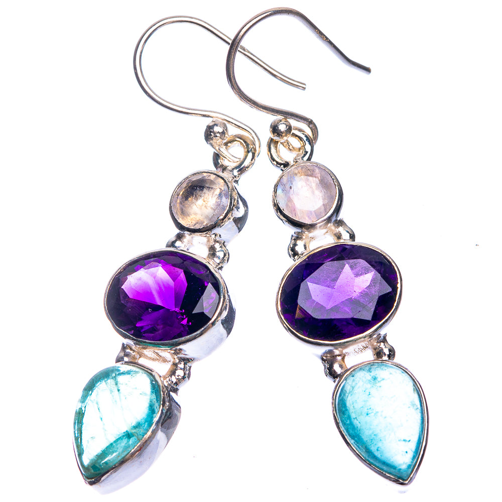 Blue Fluorite, Amethyst, Rainbow Moonstone Earrings 1 3/4" (925 Sterling Silver) E432679
