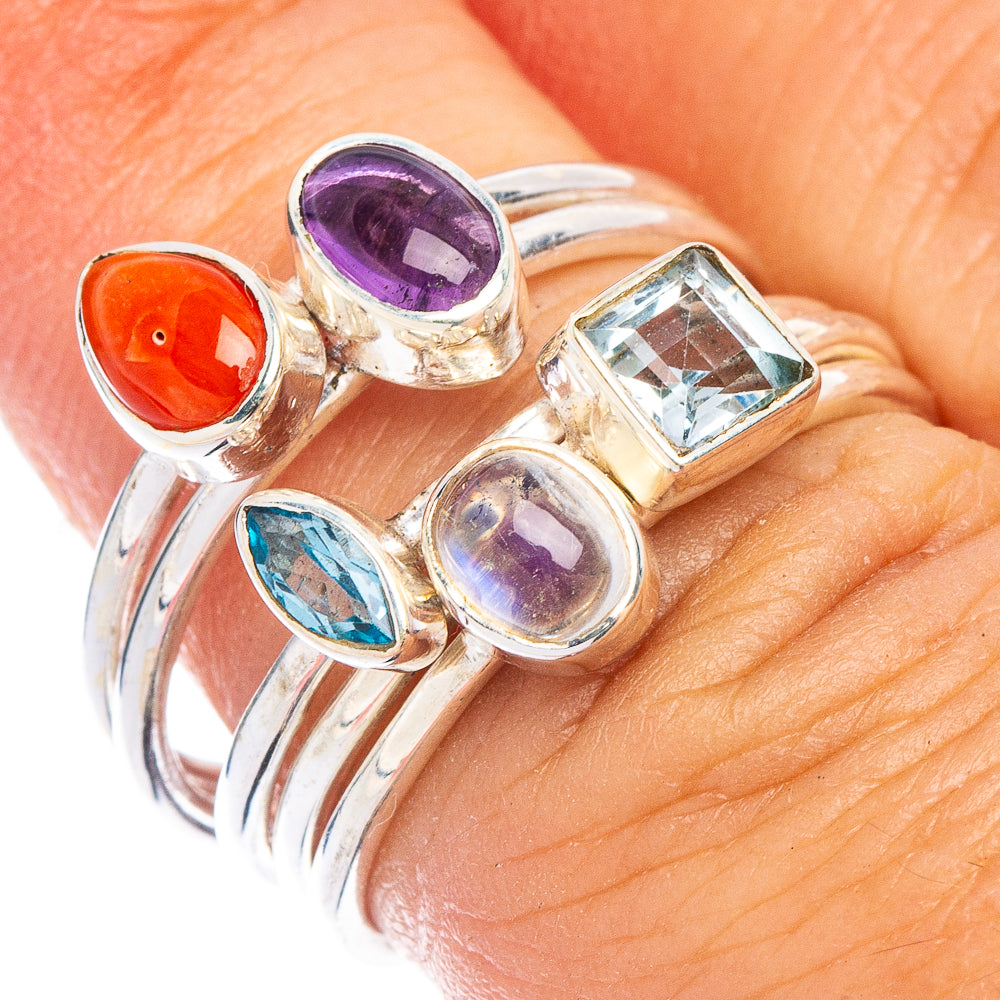 Rainbow Moonstone, Amethyst, Red Coral, Blue Topaz Ring Size 6.25 (925 Sterling Silver) R7446