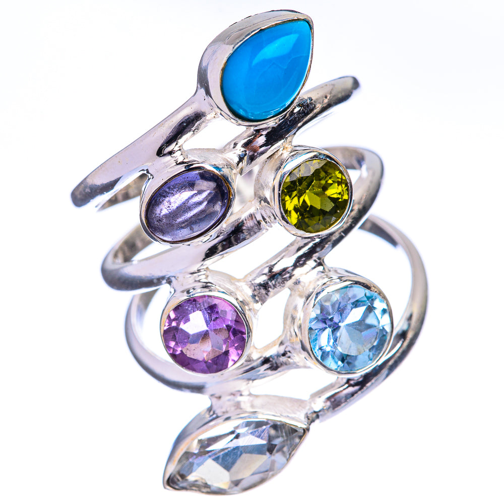Sleeping Beauty Turquoise, Amethyst, Peridot, Blue Topaz, White Quartz Ring Size 8.25 (925 Sterling Silver) R142641