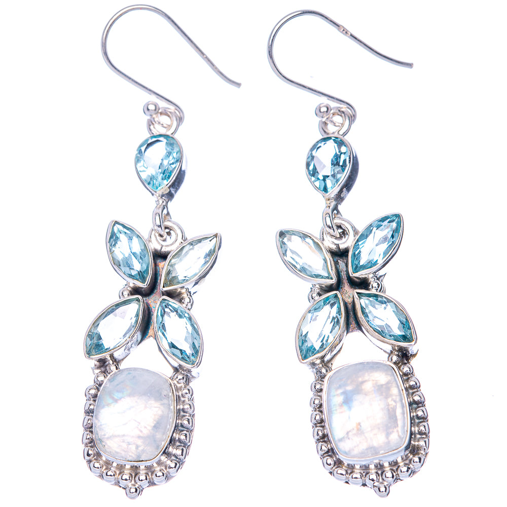 Premium Rainbow Moonstone, Blue Topaz Earrings 2 1/4" (925 Sterling Silver) E1266