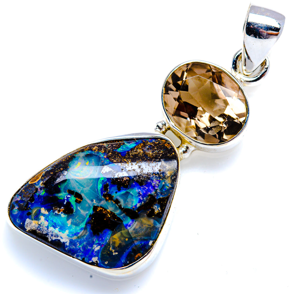 Boulder Opal, Smoky Quartz 925 Sterling Silver Pendant 1 3/4" (925 Sterling Silver) PD38344