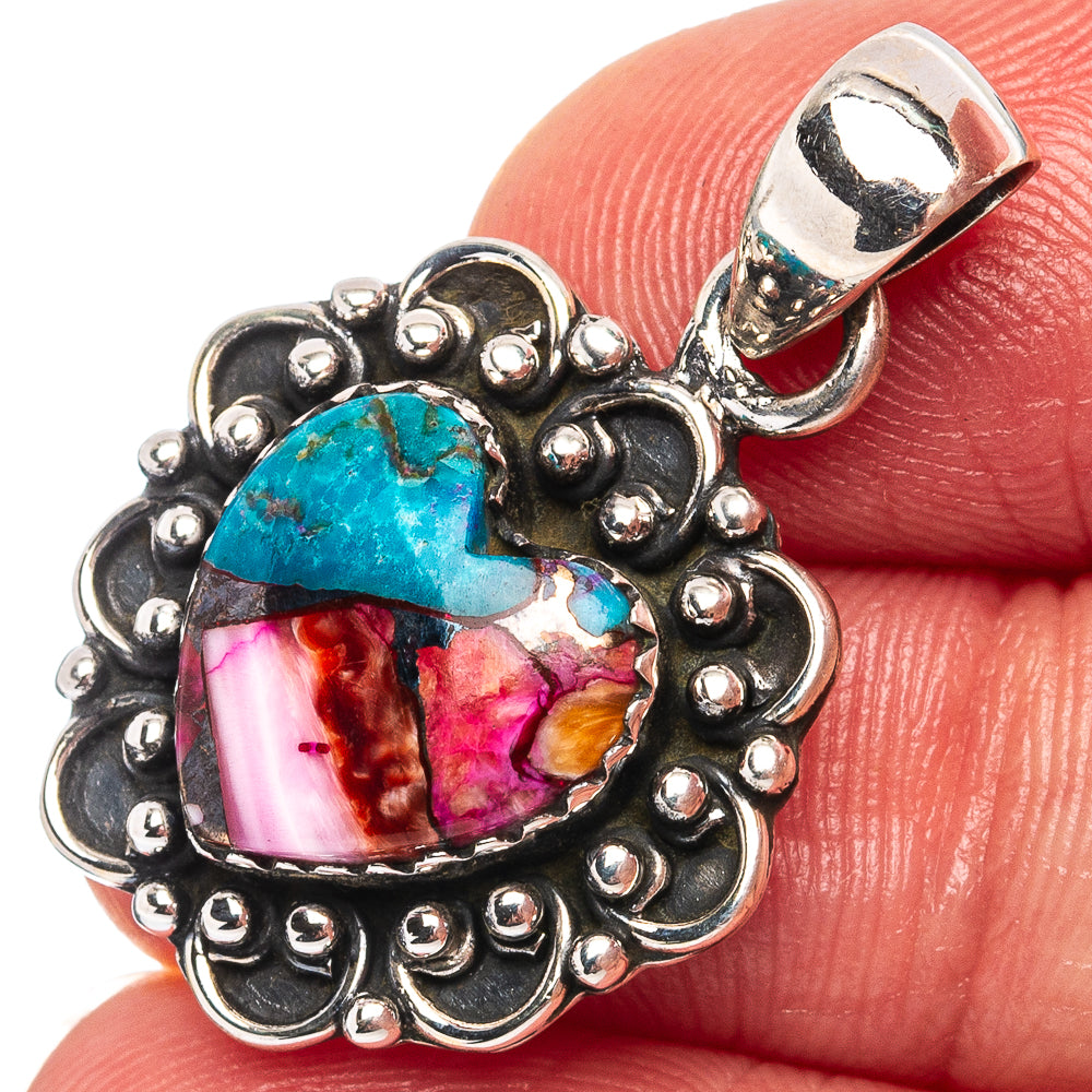 Pink Dahlia Mohave Turquoise Heart Pendant 1 1/8" (.925 Sterling Silver)