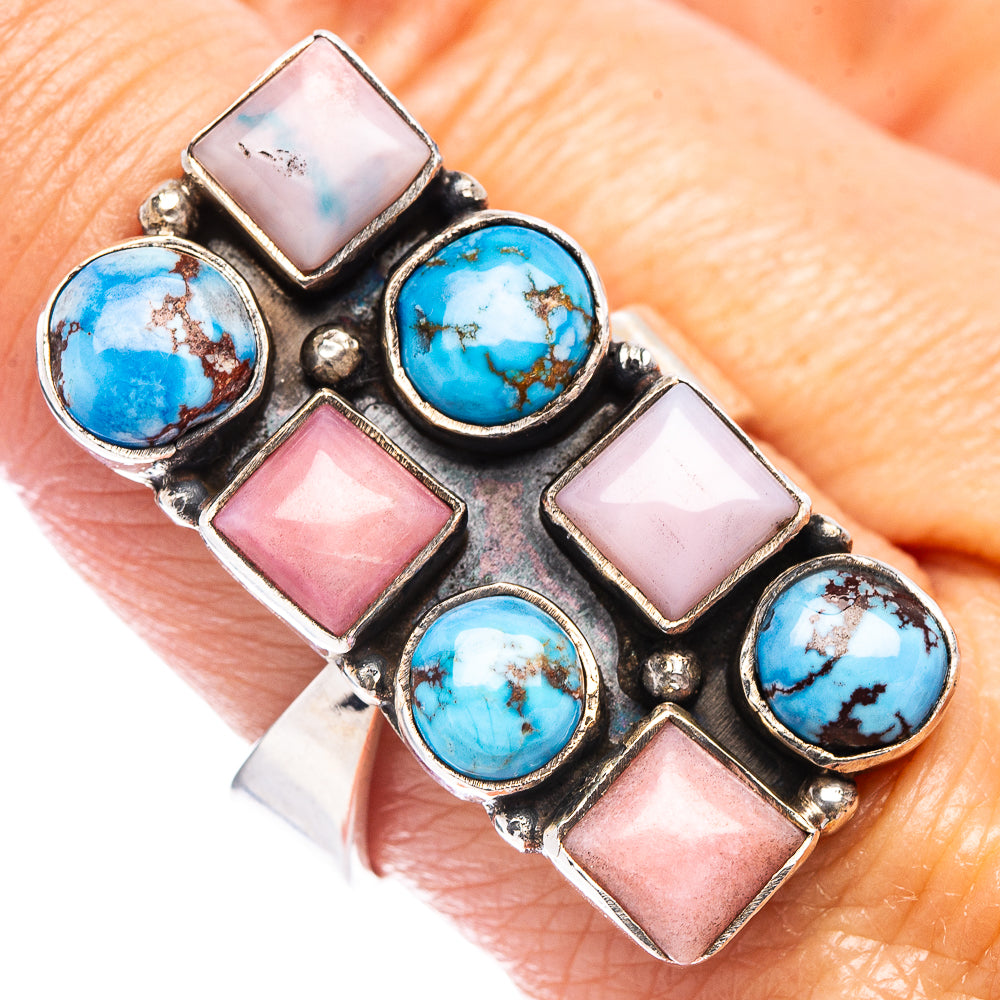 Exclusive Golden Hills Turquoise , Pink Opal Ring Size 9 Adjustable (.925 Sterling Silver)