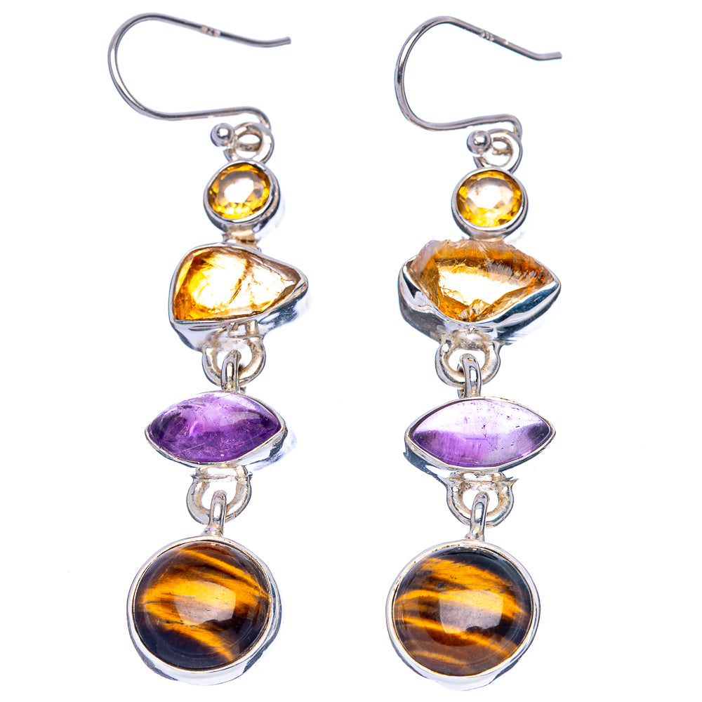 Premium Tiger Eye, Amethyst, Citrine Earrings 2 1/4" (925 Sterling Silver) E1778
