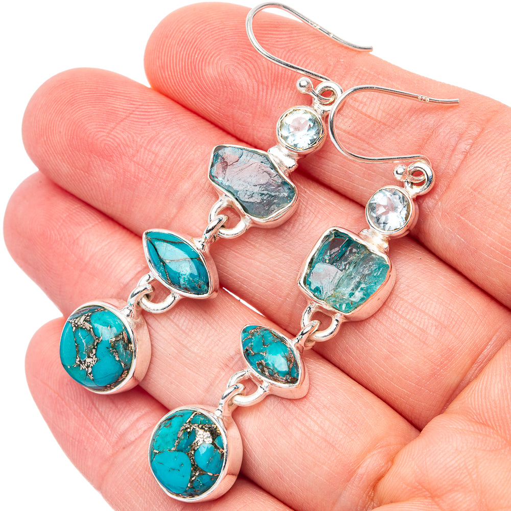 Premium Blue Copper Composite Turquoise, Apatite, Blue Topaz Earrings 2 1/4" (925 Sterling Silver) E1670
