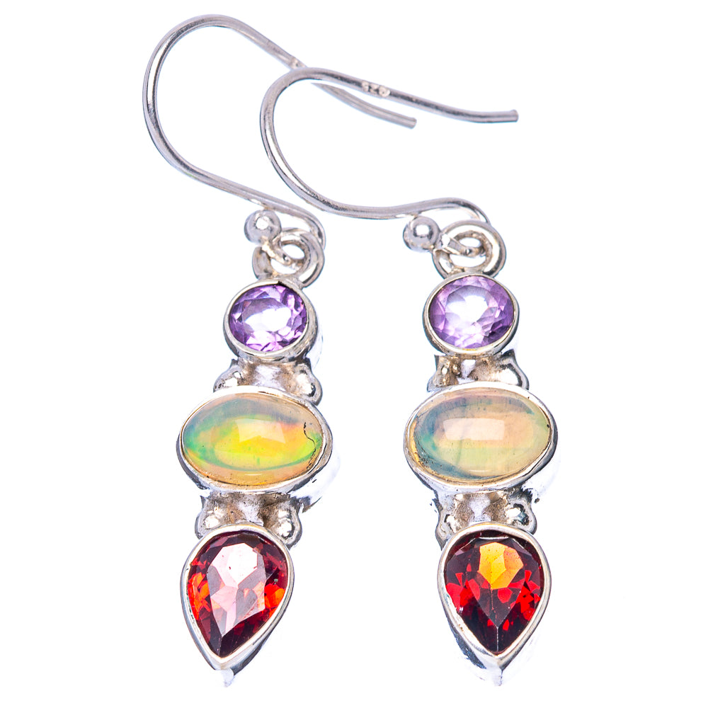 Rare Ethiopian Opal, Garnet, Amethyst Earrings 1 3/8" (925 Sterling Silver) E1403