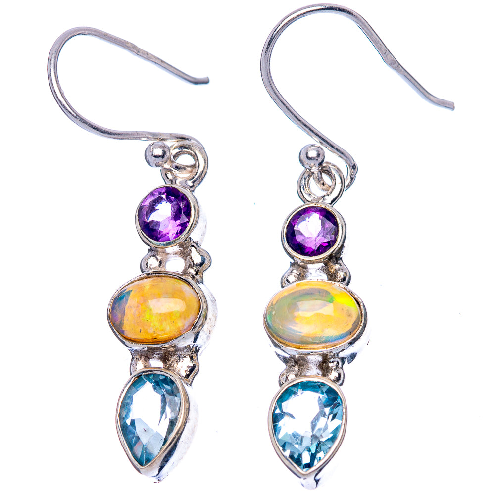 Rare Ethiopian Opal, Blue Topaz, Amethyst Earrings 1 1/2" (925 Sterling Silver) E1645