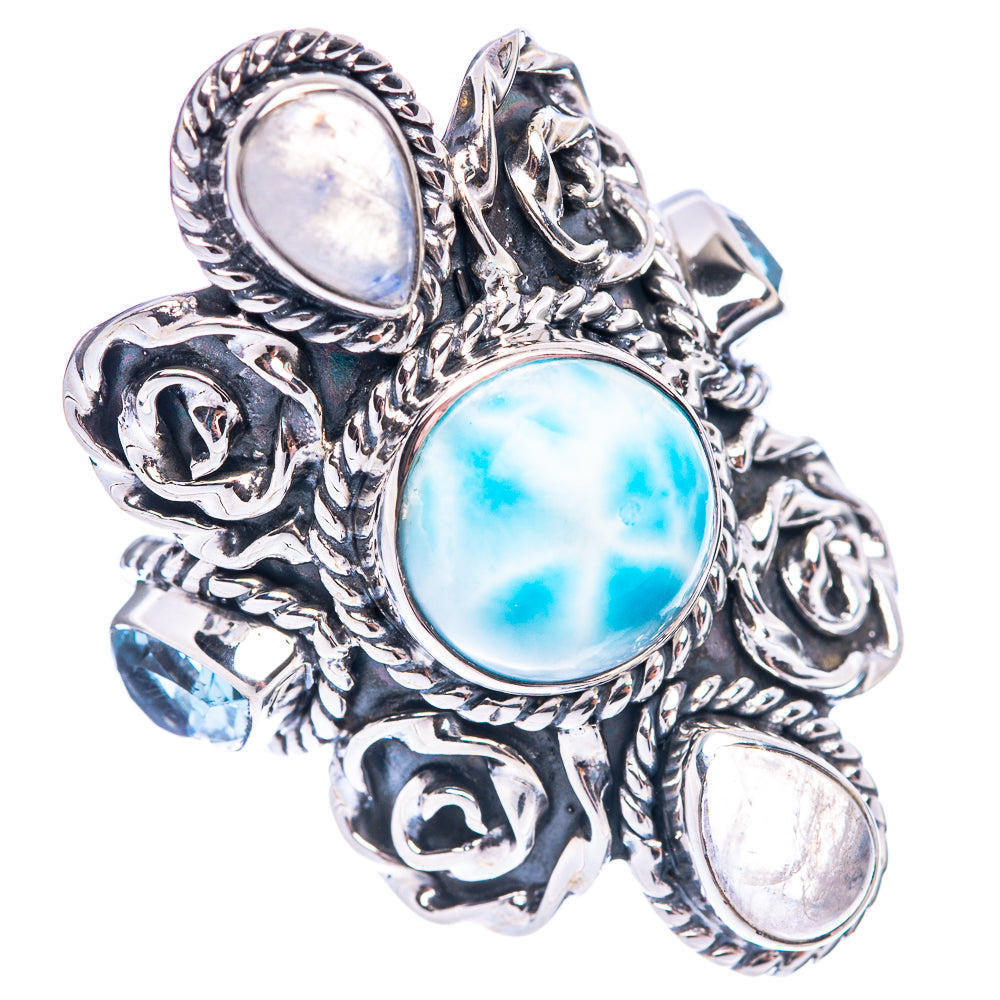 Signature Larimar, Rainbow Moonstone, Blue Topaz Ring Size 7.5 (925 Sterling Silver) R1807