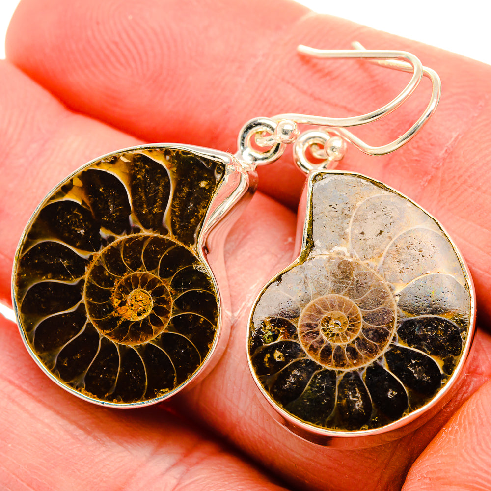 Ammonite Fossil Earrings 1 1/2" (925 Sterling Silver) EARR432115