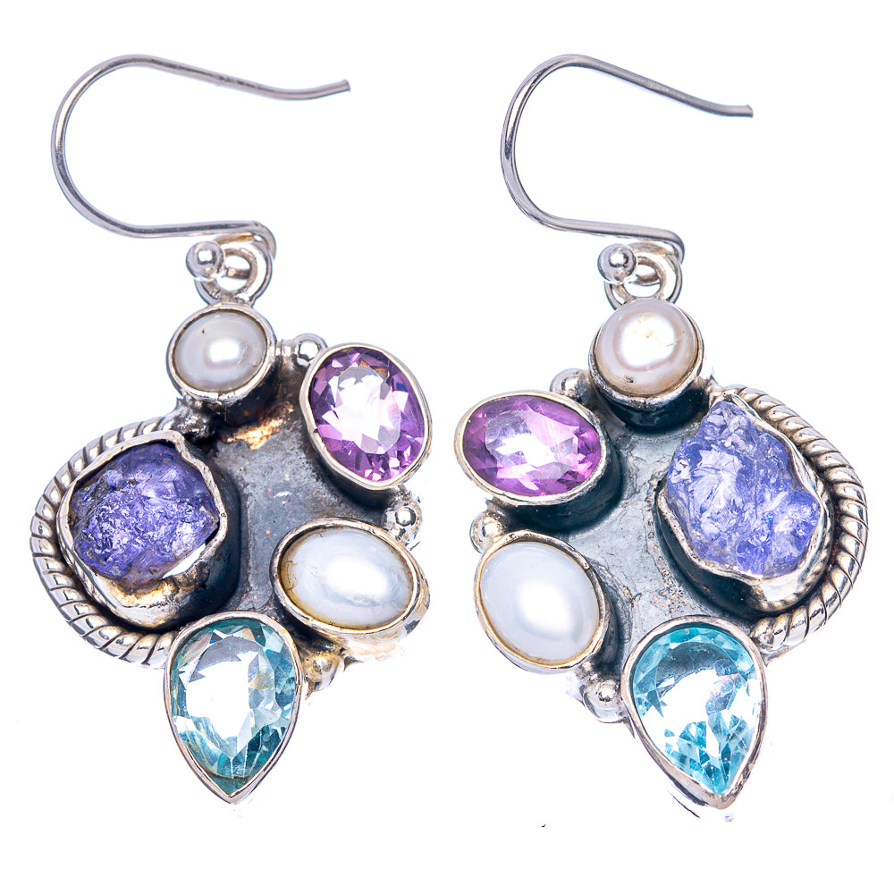 Premium Rough Tanzanite, Blue Topaz, Amethyst, Cultured Pearl Earrings 1 5/8" (925 Sterling Silver) E1686
