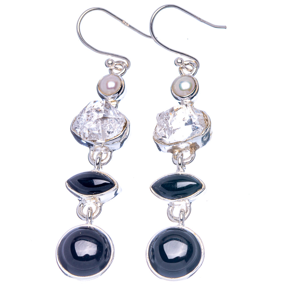Premium Black Onyx, Herkimer Diamond, Cultured Pearl Earrings 2 1/4" (925 Sterling Silver) E1780