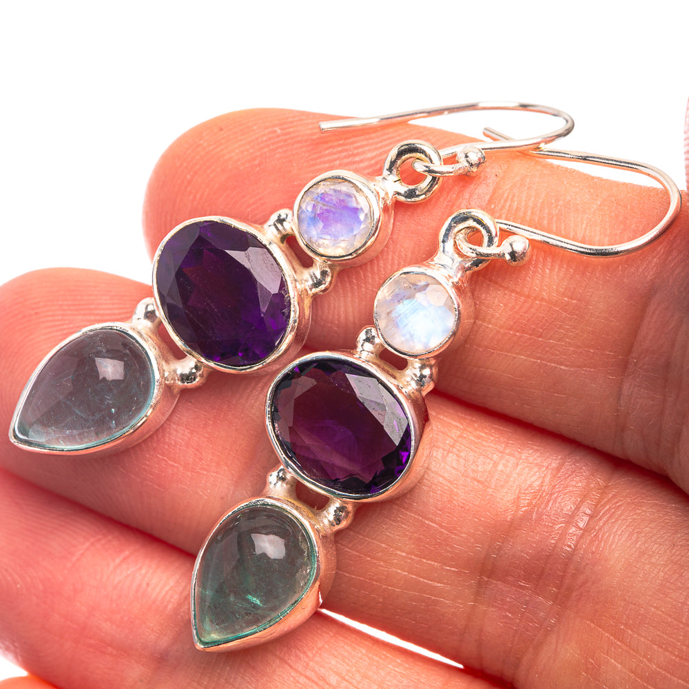 Natural Aquamarine, Amethyst, Rainbow Moonstone Earrings 1 3/4" (925 Sterling Silver) E432382