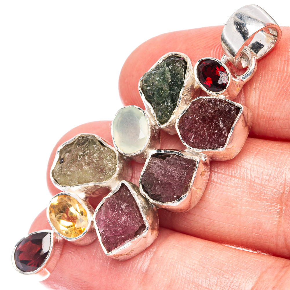 Rare Pink Green Tourmaline, Garnet, Rainbow Moonstone, Citrine Pendant 2 1/8" (925 Sterling Silver) P44378