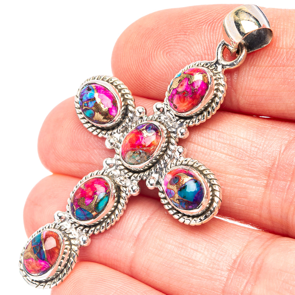 Pink Dahlia Mohave Turquoise Cross Pendant 2 1/8" (.925 Sterling Silver)