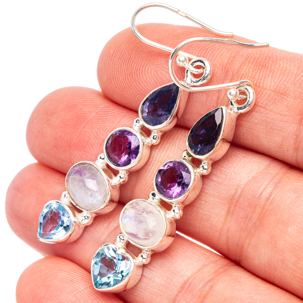 Rainbow Moonstone, Amethyst, Tanzanite, Blue Topaz 925 Sterling Silver Earrings 2" (925 Sterling Silver) E2209