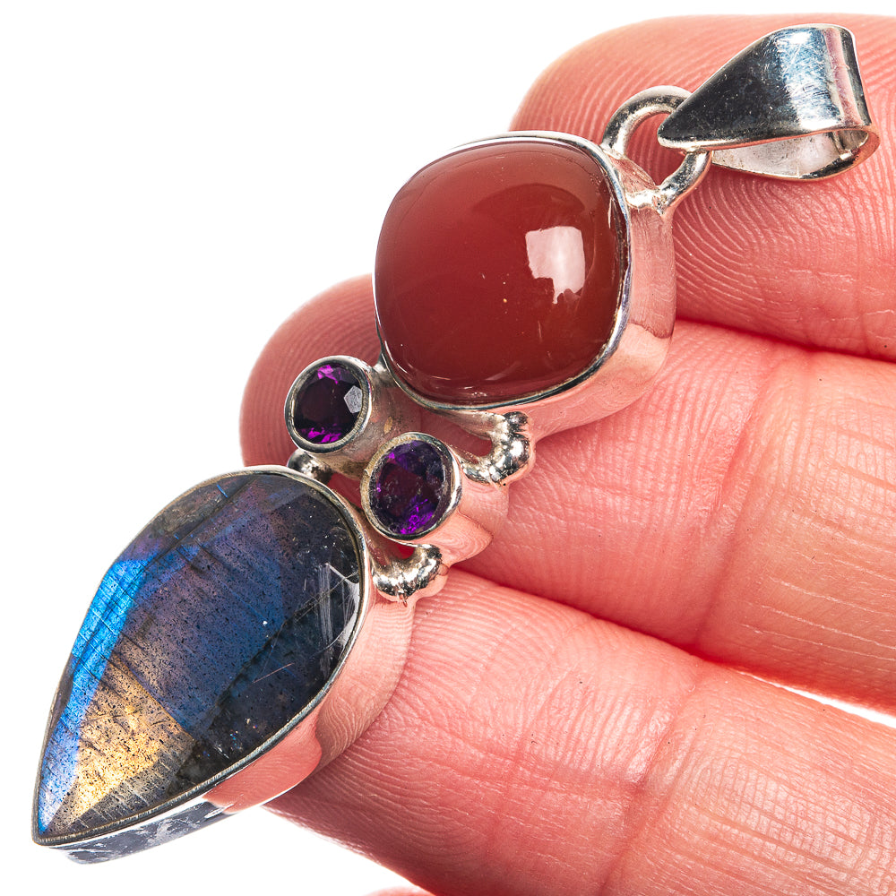 Labradorite, Carnelian, Amethyst 925 Sterling Silver Pendant 2"