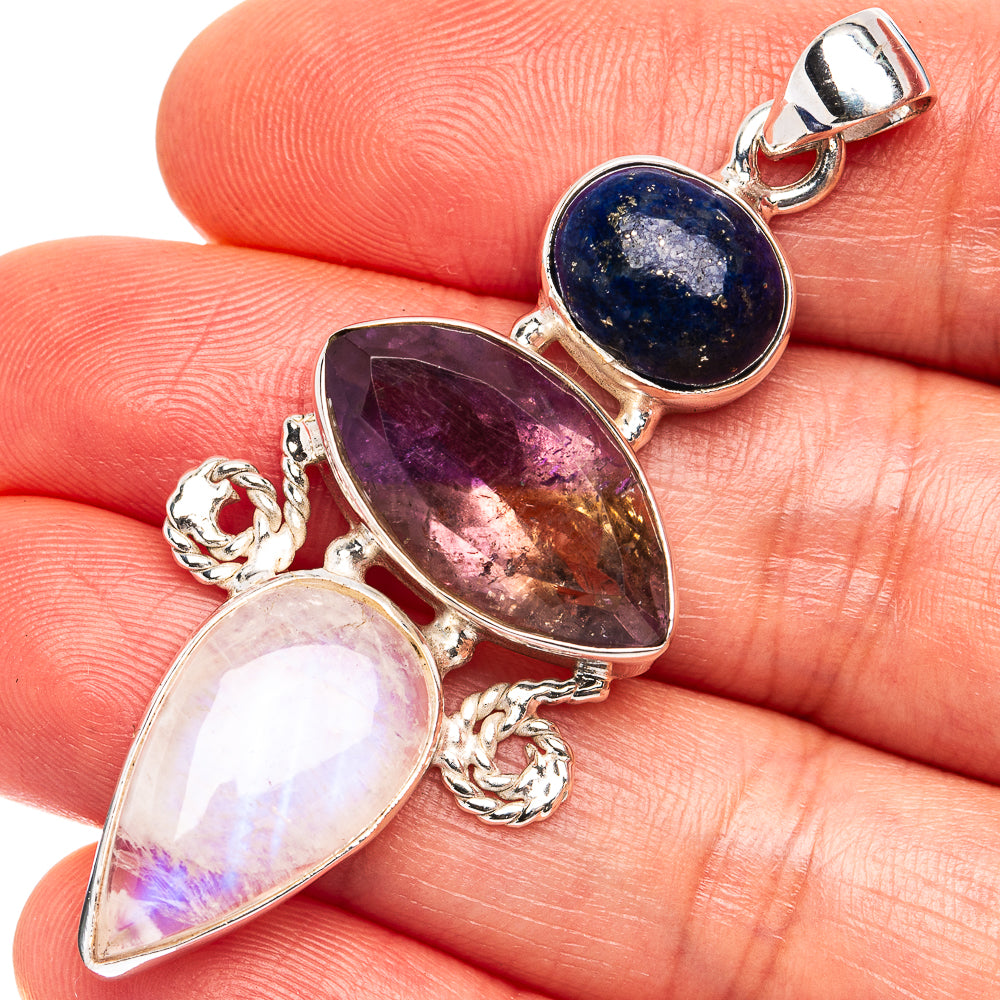Premium Rainbow Moonstone, Ametrine, Lapis Lazuli Pendant 2 1/4" (.925 Sterling Silver)