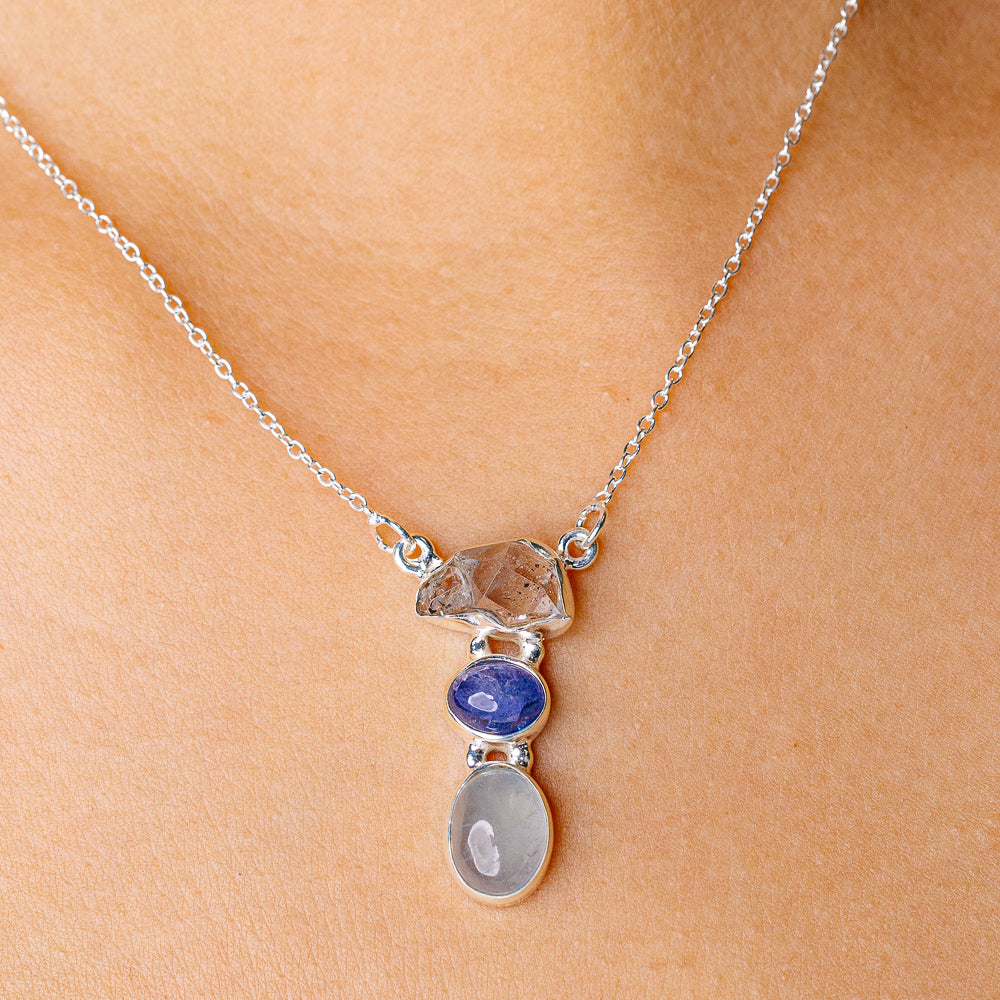 Rainbow Aquamarine, Kyanite, Herkimer Diamond Necklace 16.5" (925 Sterling Silver) N90258