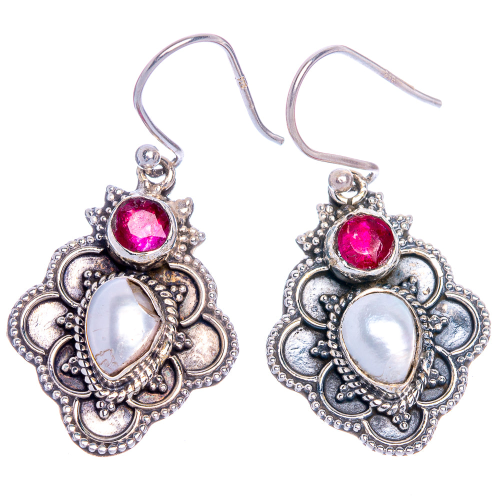 Cultured Pearl, Ruby Earrings 1 1/2" (925 Sterling Silver) E1024