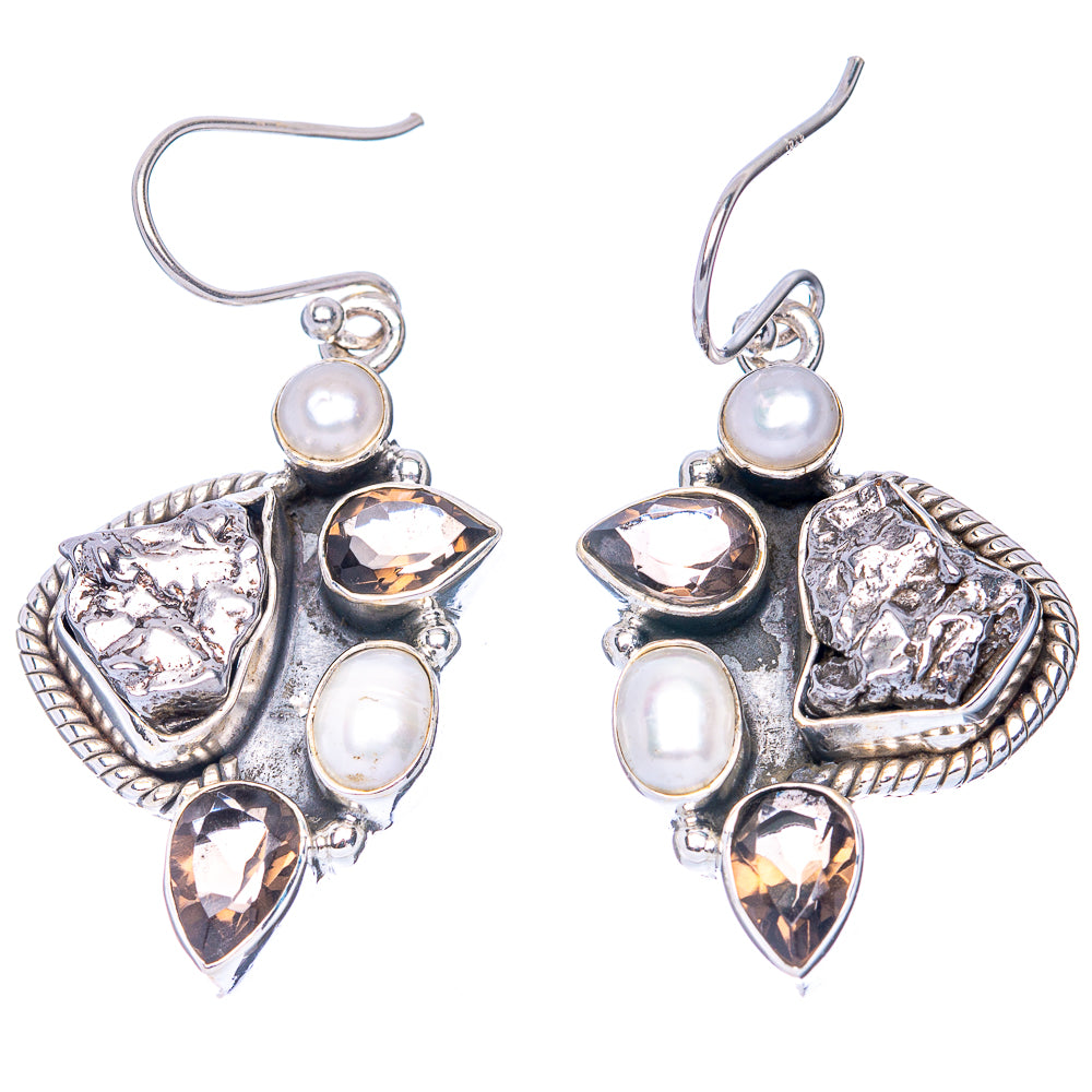 Premium Campo del Cielo Meteorite, Smoky Quartz, Cultured Pearl Earrings 1 3/4" (925 Sterling Silver) E1296