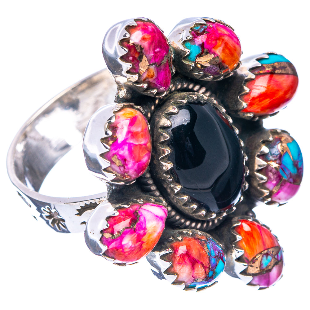 Exclusive Black Onyx , Pink Dahlia Mohave Turquoise Ring Size 10 Adjustable (.925 Sterling Silver)