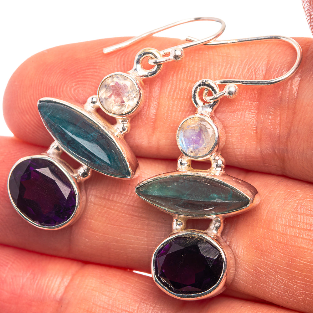 Blue Fluorite, Amethyst, Rainbow Moonstone Earrings 1 1/2" (925 Sterling Silver) E432427