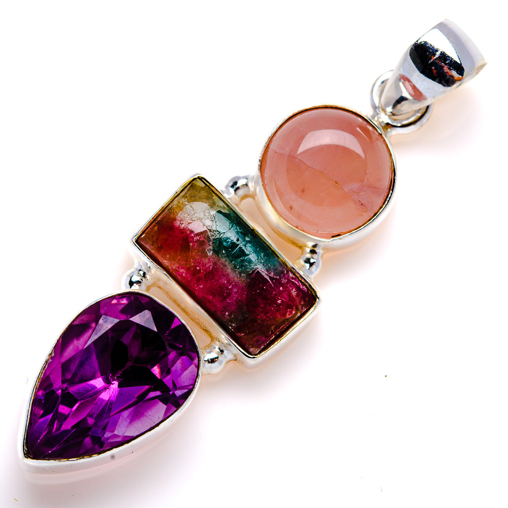Natural Tourmaline, Rose Quartz, Amethyst Pendant 1 7/8" (925 Sterling Silver) PD38061