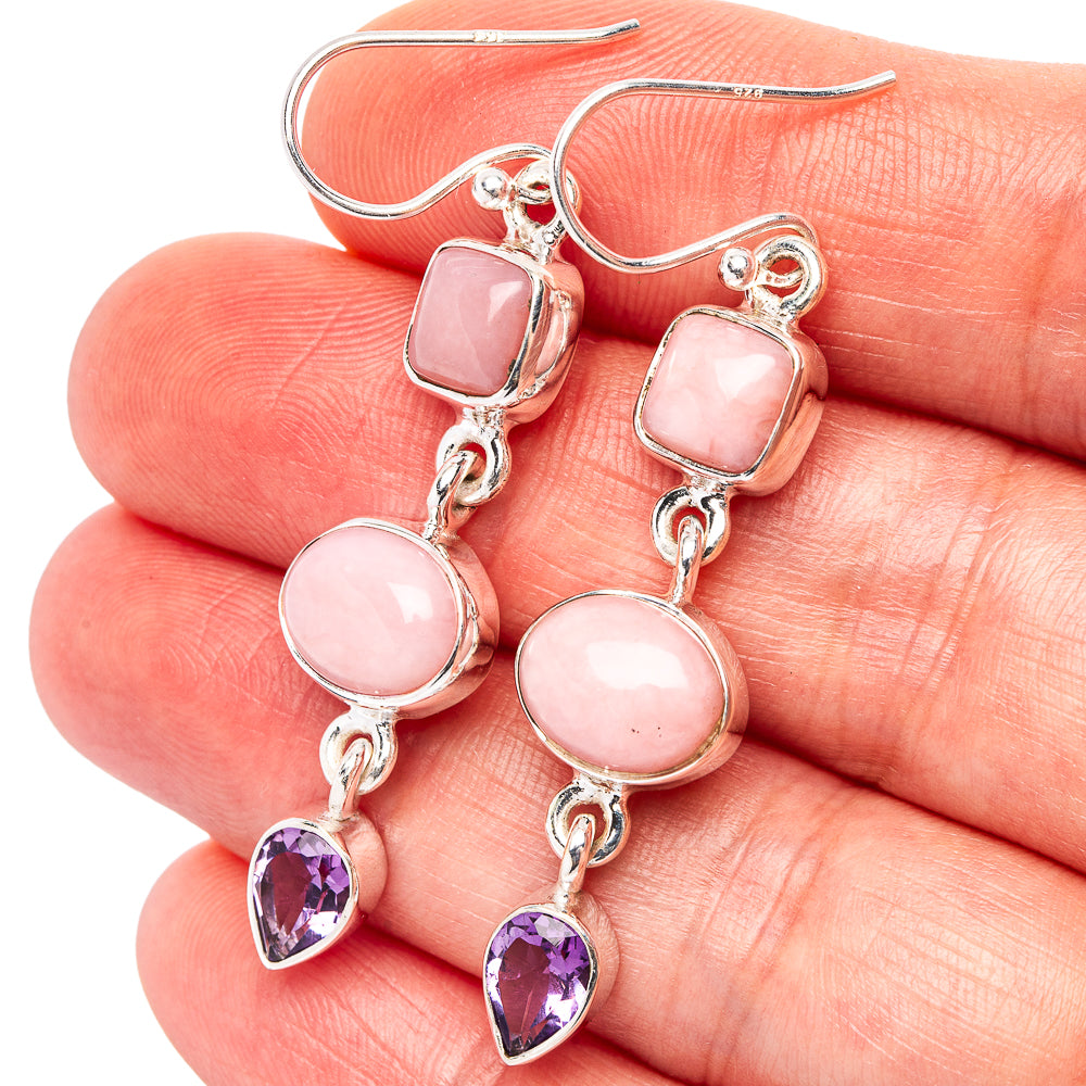 Premium Pink Opal, Amethyst Earrings 2" (.925 Sterling Silver)