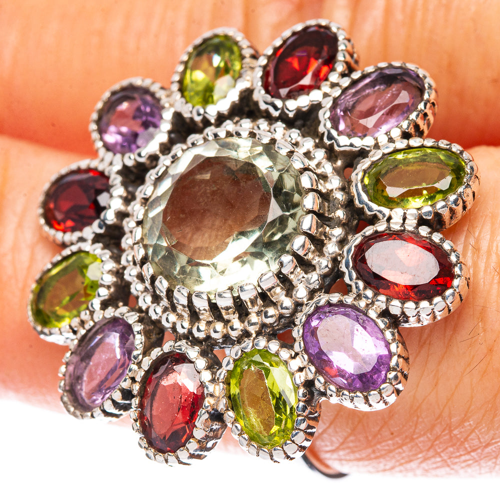 Faceted Green Amethyst, Garnet, Peridot, Amethyst Large Flower Ring Size 7.5 (925 Sterling Silver) R3135