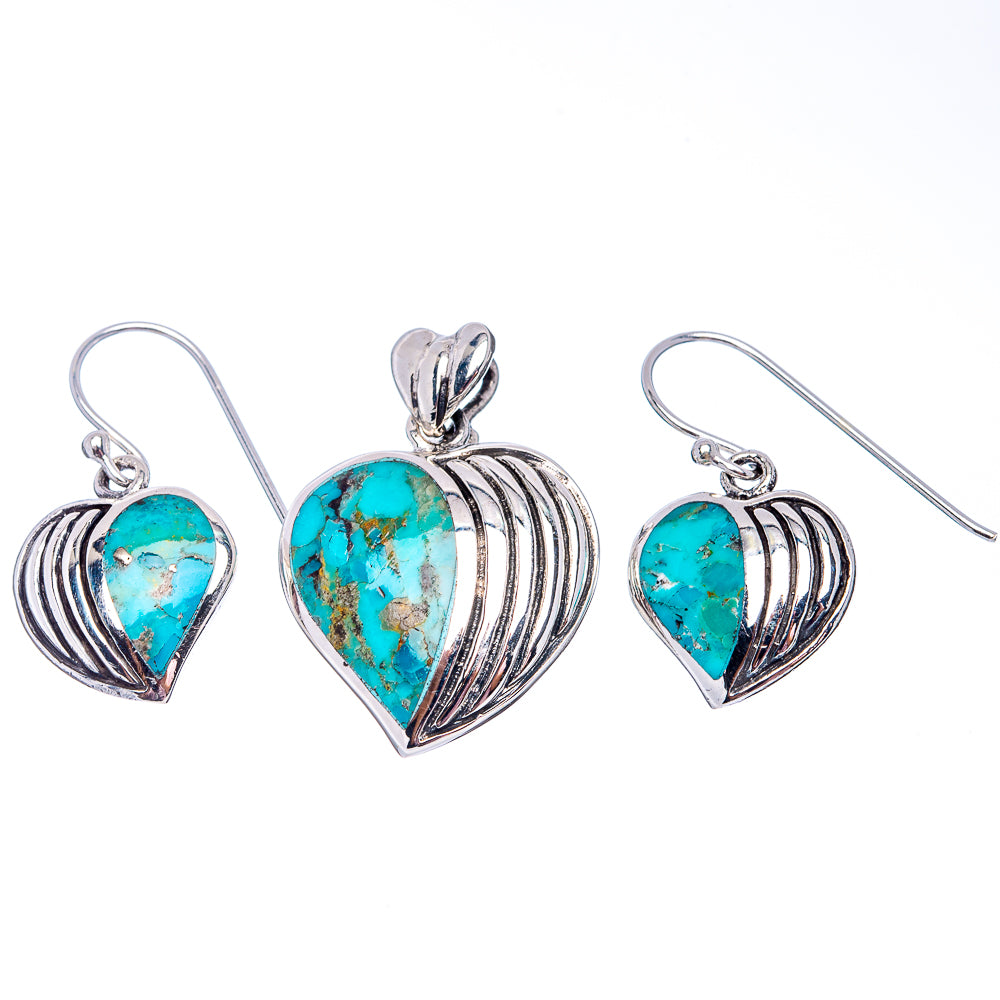 Native Style Mohave Turquoise Heart Pendant & Earrings Set 1 1/8" (.925 Sterling Silver)