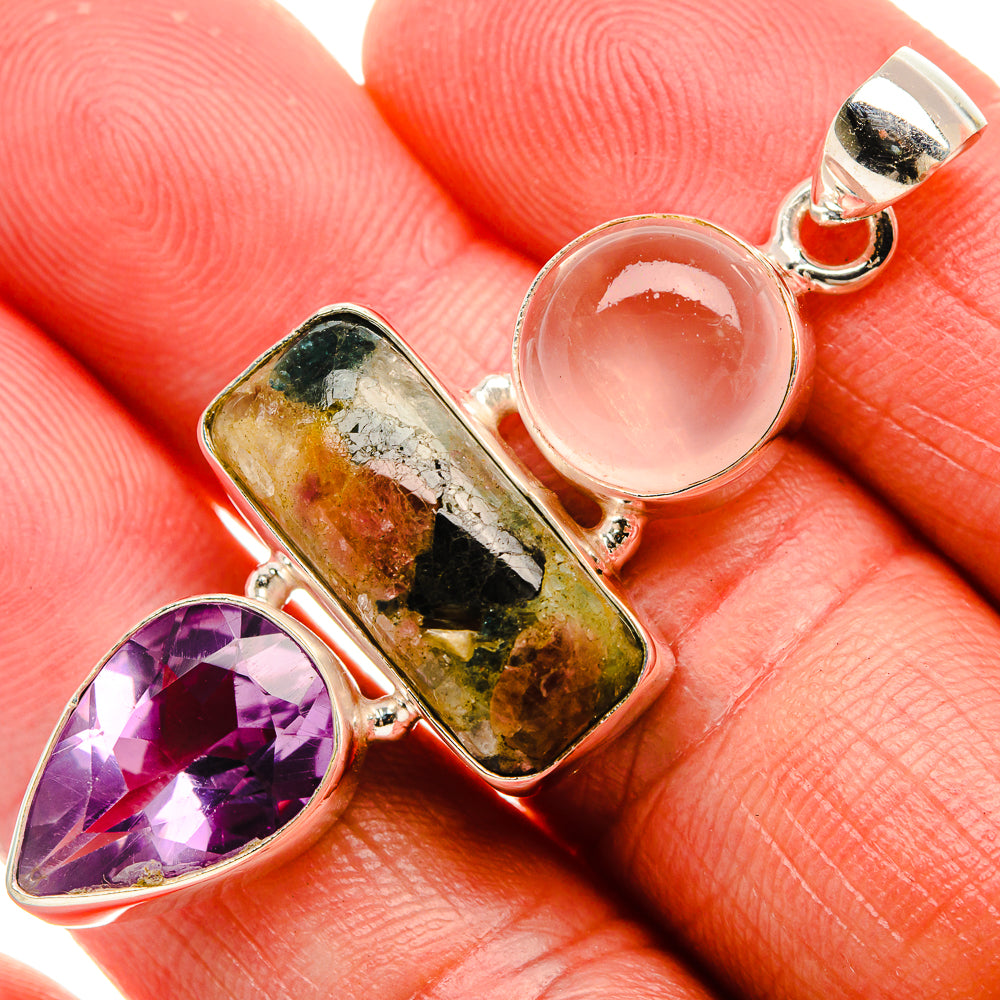 Natural Tourmaline, Amethyst, Rose Quartz Pendant 2" (925 Sterling Silver) PD37932