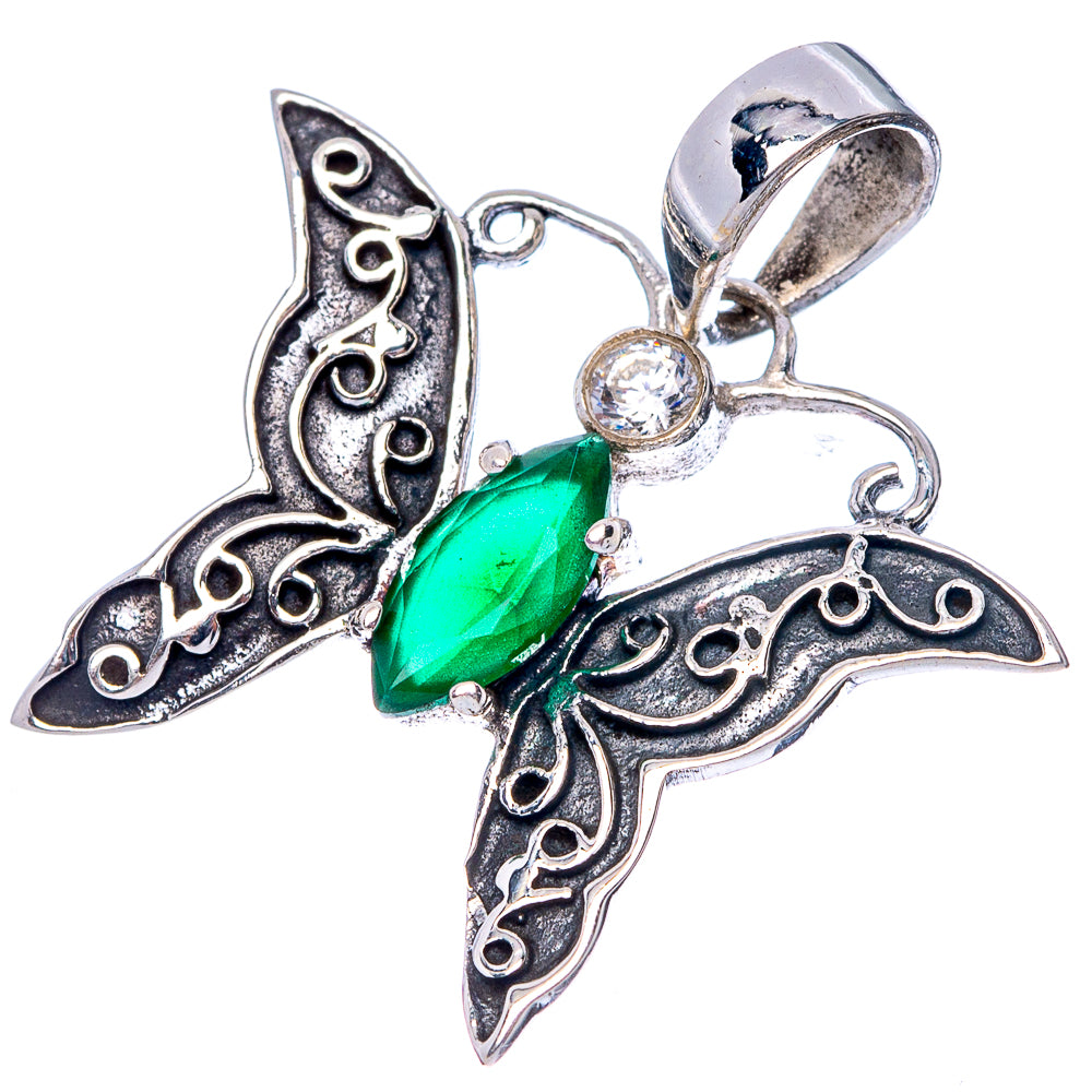 Green Onyx, White Quartz Butterfly Dainty Pendant 1" (925 Sterling Silver) P43538