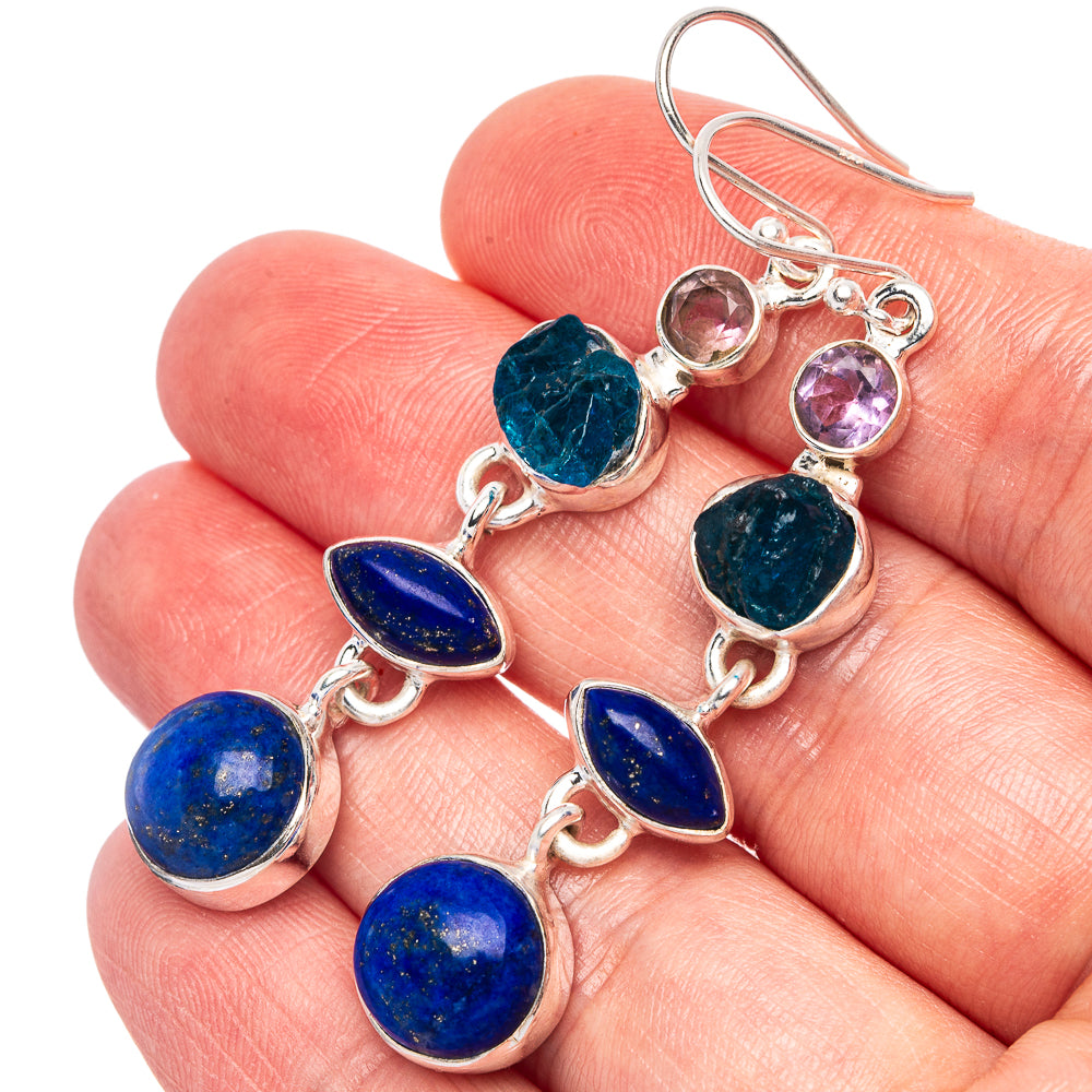 Premium Lapis Lazuli, Apatite, Amethyst Earrings 2 1/4" (925 Sterling Silver) E1774