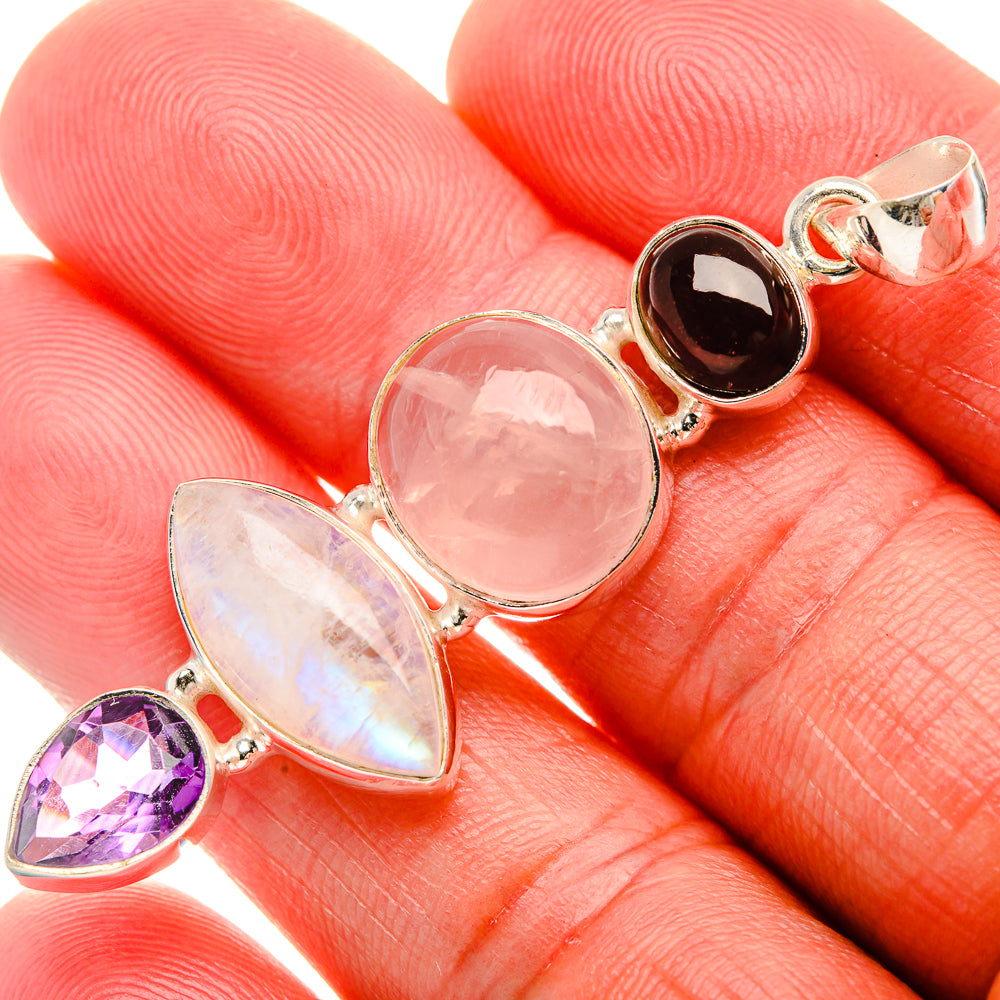 Rainbow Moonstone, Rose Quartz, Amethyst Pendant 2 1/4" (925 Sterling Silver) PD38124