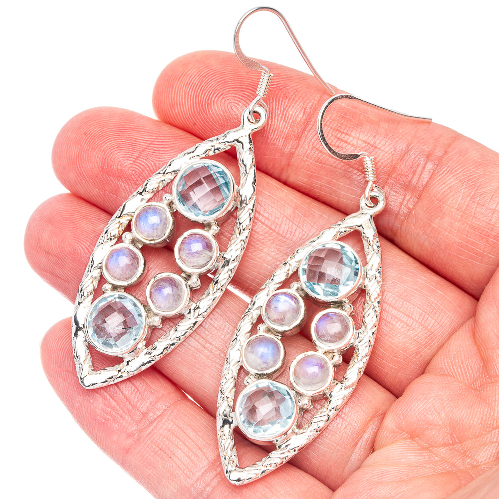 Signature Blue Topaz, Rainbow Moonstone Earrings 2 3/8" (925 Sterling Silver) E1347