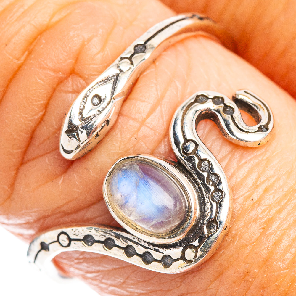 Rainbow Moonstone Snake Dainty Ring Size 8 Adjustable (.925 Sterling Silver)