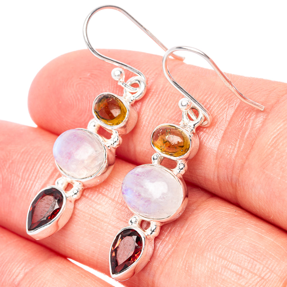 Rainbow Moonstone, Garnet, Citrine Earrings 1 1/2" (925 Sterling Silver) E1455
