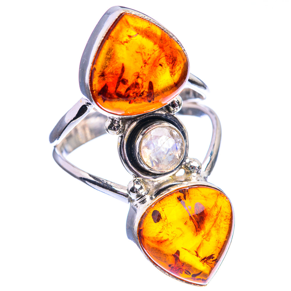 Large Baltic Amber, Rainbow Moonstone Ring Size 8 (925 Sterling Silver) R142319
