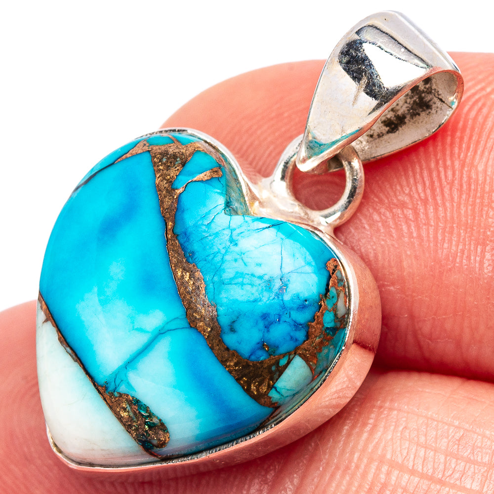 Ice Blue Dahlia Mohave Turquoise Heart Pendant 1 1/8" (.925 Sterling Silver)