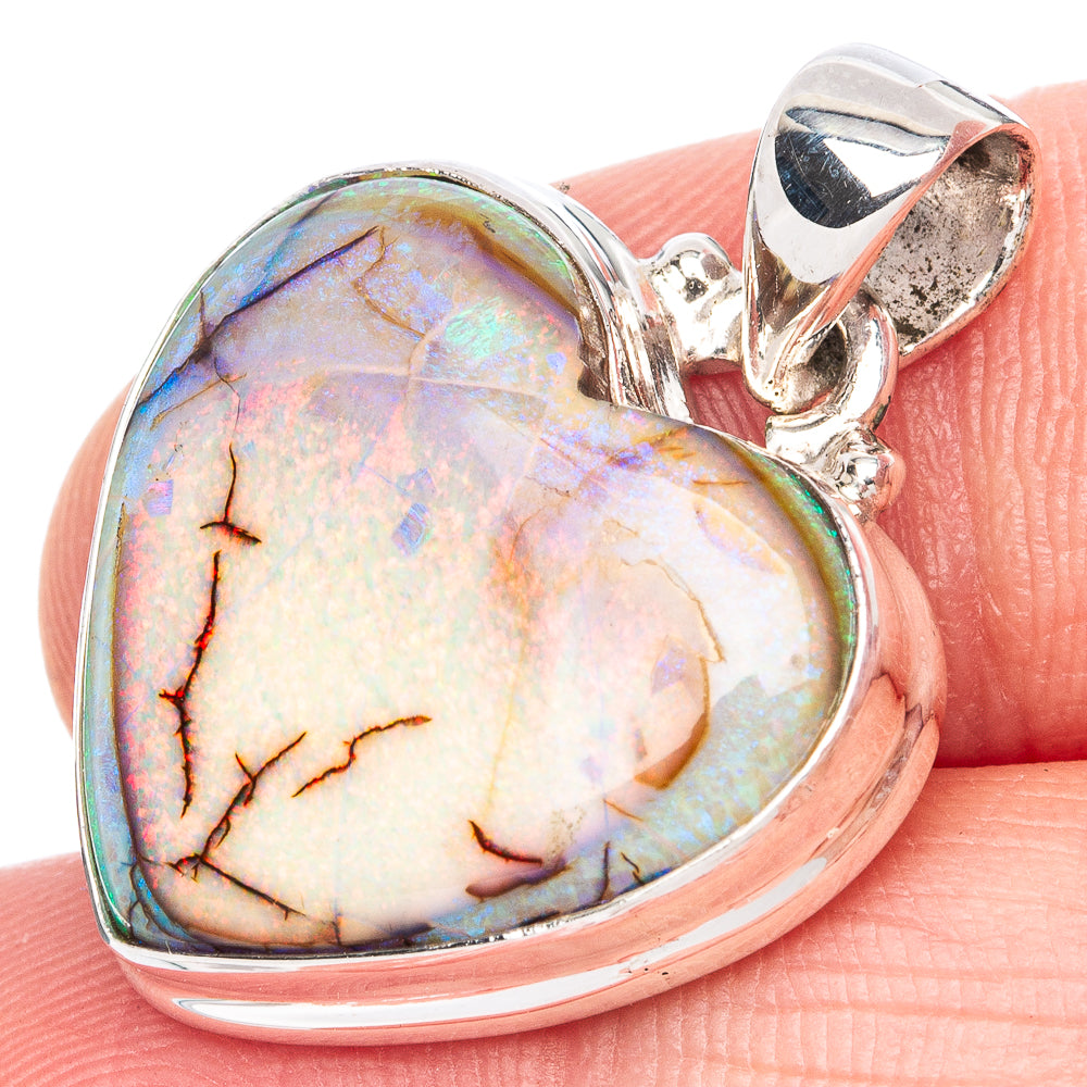 Rare Sterling Opal Heart Pendant 1 1/8" (925 Sterling Silver) P42001