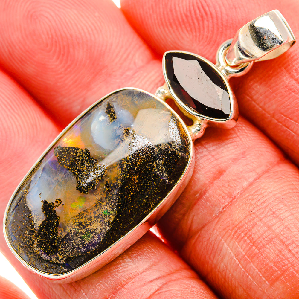 Boulder Opal, Garnet Pendant 1 7/8" (925 Sterling Silver) PD37906