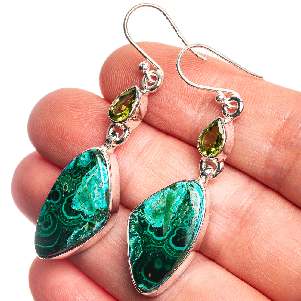 Malachite In Chrysocolla, Peridot 925 Sterling Silver Earrings 2 1/8"