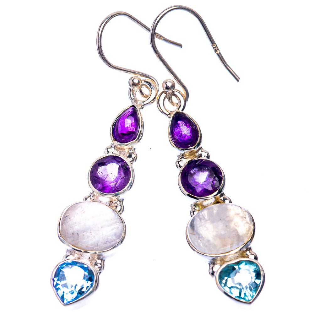 Rainbow Moonstone, Blue Topaz, Amethyst Earrings 1 7/8" (925 Sterling Silver) E432606