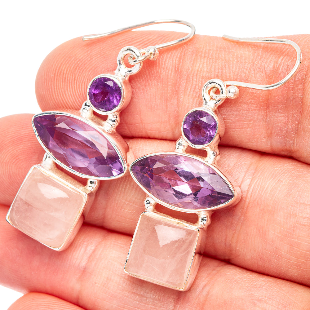Faceted Amethyst, Rose Quartz 925 Sterling Silver Earrings 1 3/4" (925 Sterling Silver) E2182