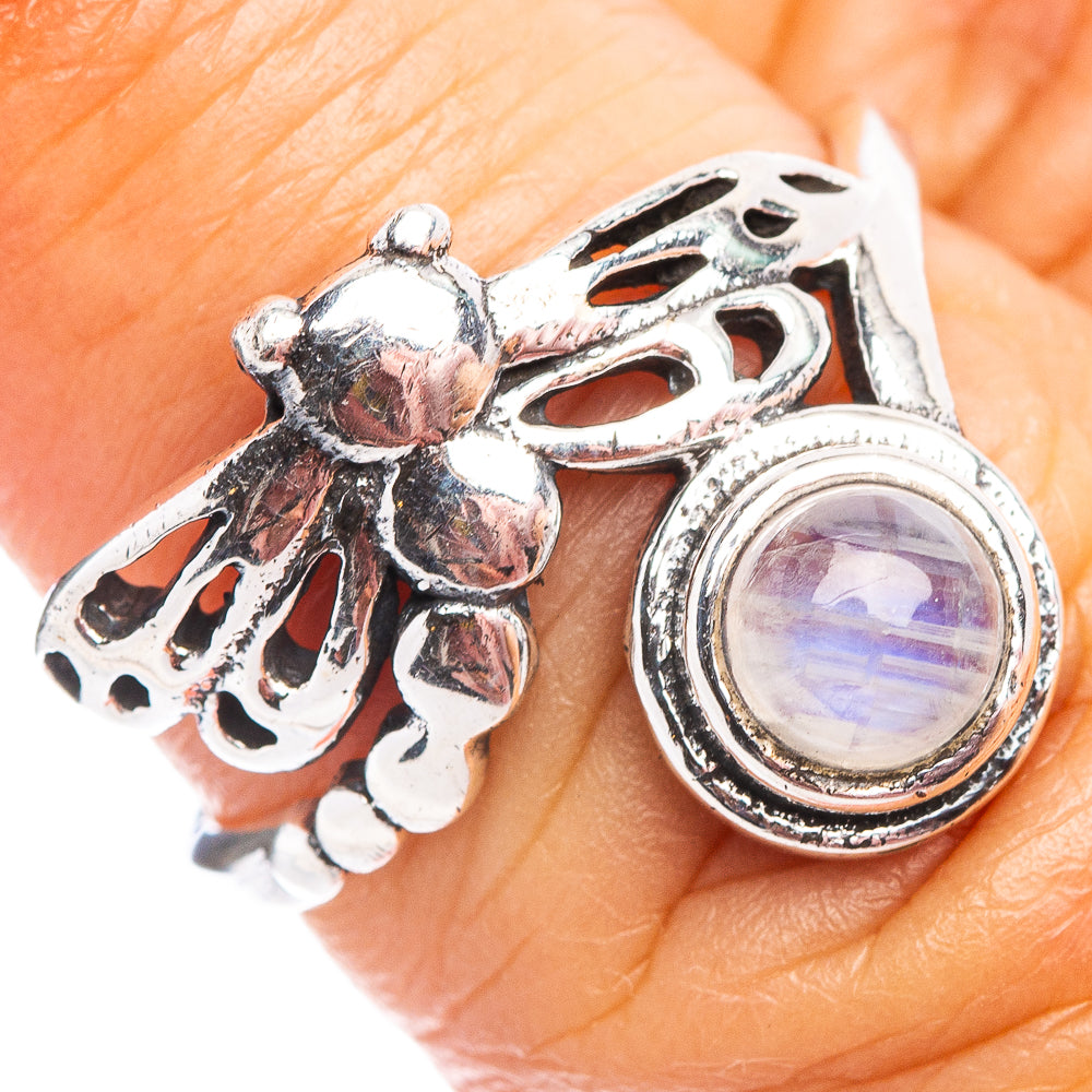 Rainbow Moonstone Dragonfly Dainty Ring Size 6.25 (.925 Sterling Silver)