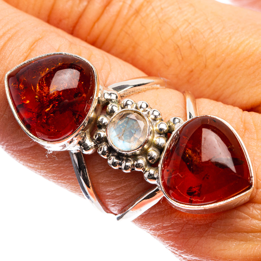Large Baltic Amber, Rainbow Moonstone Ring Size 7.75 (925 Sterling Silver) R143060