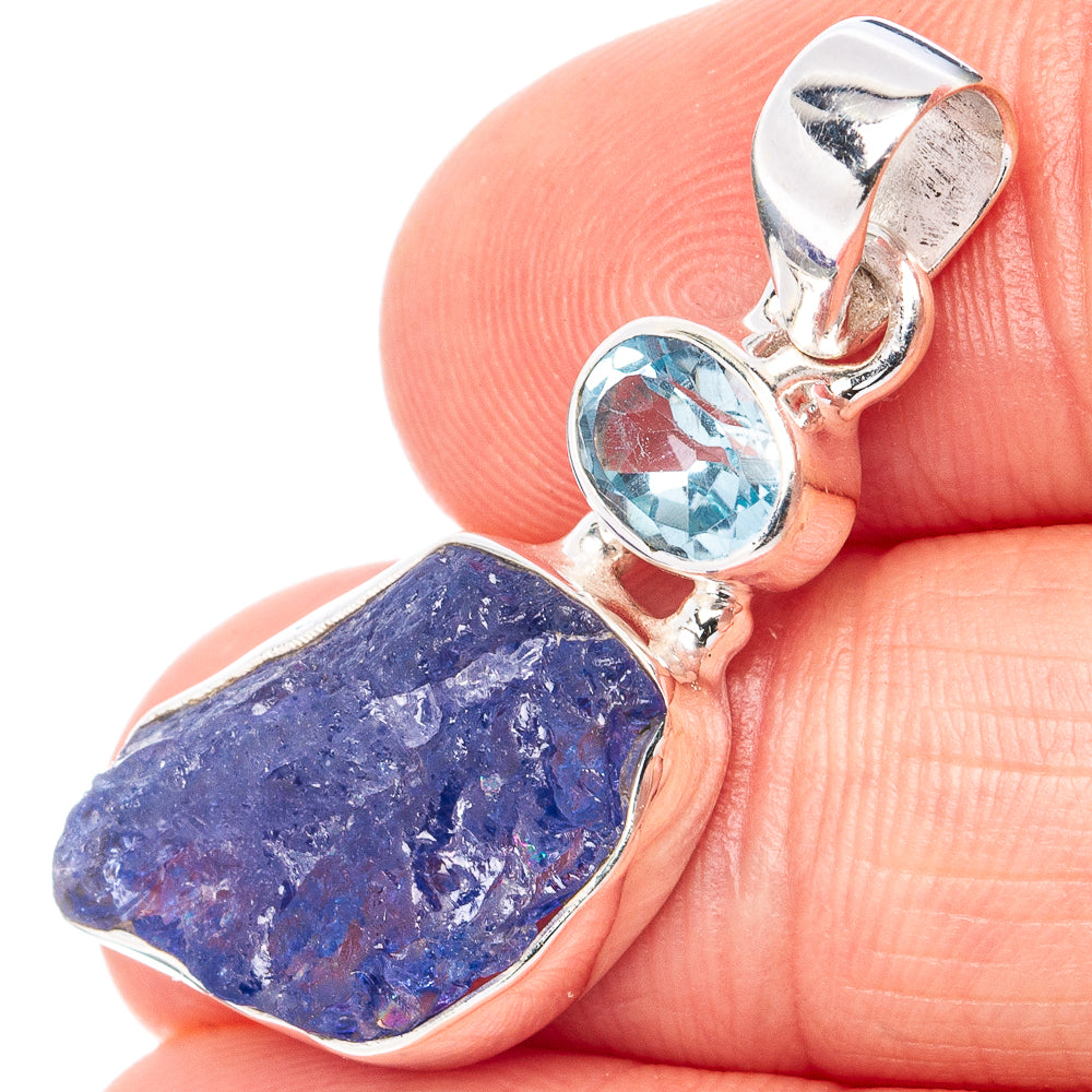 Raw Tanzanite, Blue Topaz Pendant 1 3/8" (.925 Sterling Silver)