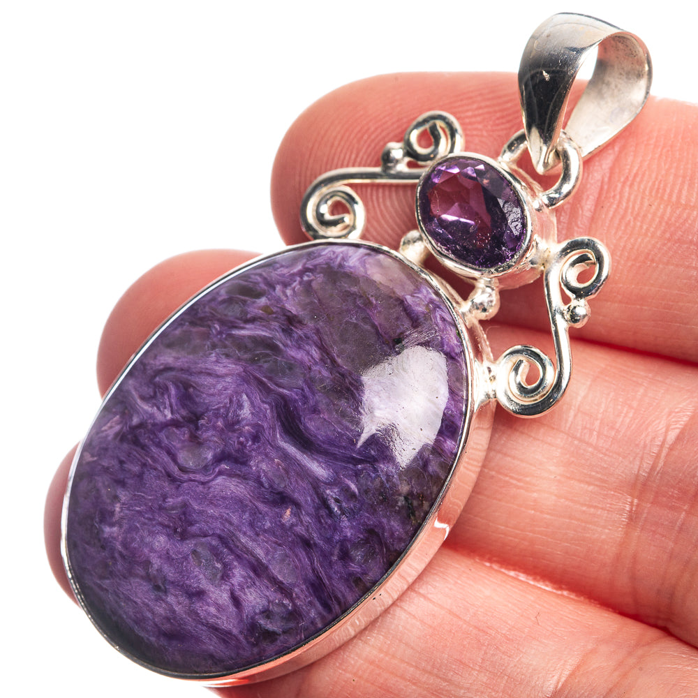 Charoite, Amethyst 925 Sterling Silver Pendant 1 7/8"